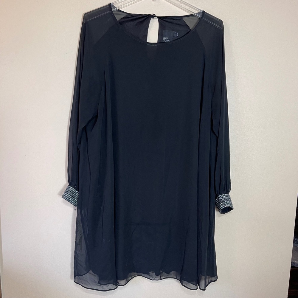 ASOS Curve Womens Black Chiffon Mini Dress Rhinestone Cuffs Plus Size 22